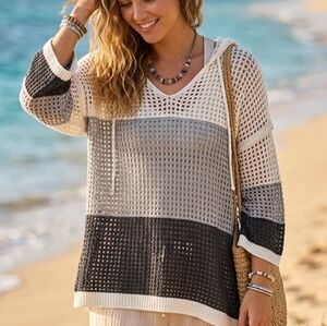 POL Open Knit Crochet Hooded Color Block Beach Girl Coverup Size M